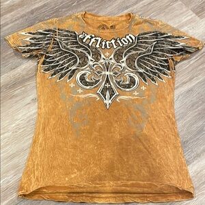 NWOT Affliction - angel wings tee, dark mustard wash, size S
